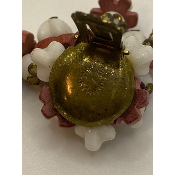 Vintage West Germany Clip-On Earrings W/ White & Red Bead Dangle Flowers Brass A - Picture 5 of 9